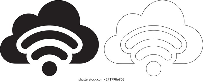 Un par de iconos en blanco y negro con una nube con una señal wifi, en estilos de línea sólida y punteada, sobre un fondo blanco puro, ideal para conceptos de diseño y tecnología