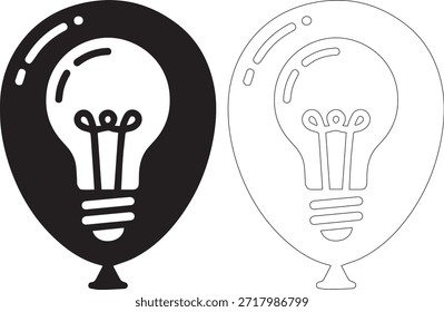 Um par de ilustrações em preto e branco de balões com um ícone de lâmpada em um fundo branco puro, isolado em um fundo branco