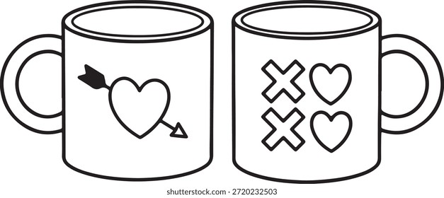 Un par de tazas de café dibujadas en blanco y negro, una decorada con un corazón y una flecha, la otra con XOXO y corazones.