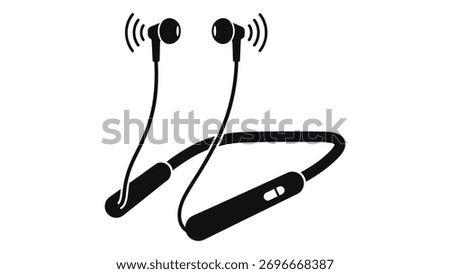 A pair of black wireless earbuds connected by a neckband, showcasing modern audio technology for portable music and communication, isolated on a clean white background.