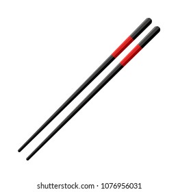 Pair of black wooden chopsticks with red lines isolated on white background. Realistic asian kitchen accessories for japanese, chinese or thai restaurant, vector illustration.