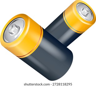 Par de baterías alcalinas cilíndricas negras y amarillas o células de energía eléctrica que muestran terminales de metal aislados sobre fondo transparente