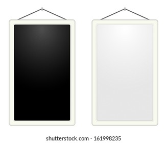 The pair of blank black and white hanged boards / Two blank vertical boards / Signs