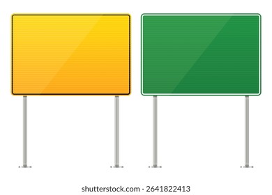 A pair of blank road signs, one yellow and one green, stand side-by-side on metal poles. They are isolated on a white background and ready for customization.