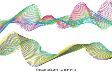 A pair of blended double-layered ribbon waves with the top ribbon in twisted lines of festive colors and the bottom ribbon in gentle rolling waves of yellow, teal and dark blue.