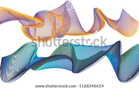 A pair of blended double-layered ribbon waves with the top ribbon in woven lines of purple and yellow and the bottom ribbon in blue and green hues.