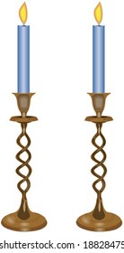 Pair of blue candles in brass effect candlesticks