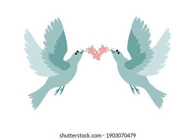 A Pair of Blue Doves with Pink Flowers