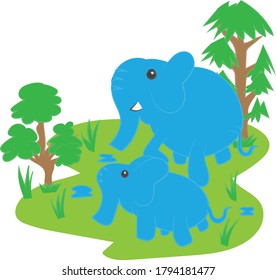 
A pair of blue elephants, the child and the mother, are in a fairly quiet forest