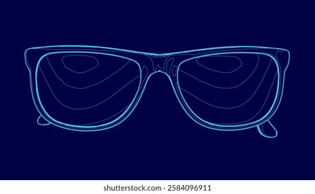 A pair of blue glasses with a frame. The glasses are shown in a blue color. The image has a cool and modern vibe