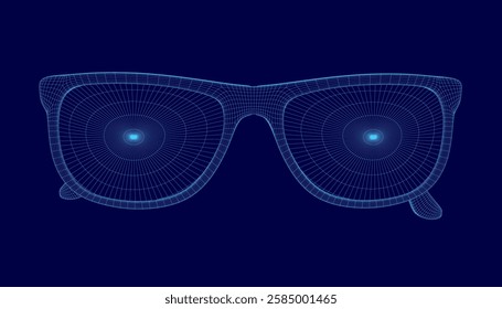 A pair of blue glasses wireframe. The glasses are pixelated and appear to be a computer-generated image