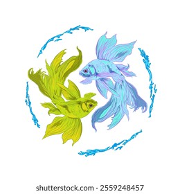 a pair of blue and green betta fish with a circle of water splashes around them without a background