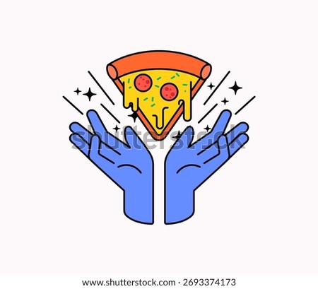 Pair of blue hands holding a cheesy pizza slice with sparkles around it. represents love for food, celebration, joy, and delicious moments cartoon vector illustration for food delivery, restaurant