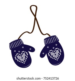 Pair blue of knitted christmas mittens on white background. Print heart. Vector illustration.