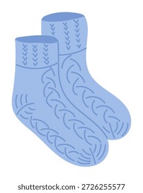 Par de meias de malha azul com padrão texturizado isolado no fundo branco. A imagem representa calor, conforto, roupas de inverno e estilo de vida acolhedor conceito