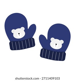 Ein Paar blauer Fäustlinge mit Eisbär-Cartoon. Warme und gemütliche Fäustlinge