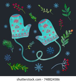 Pair of blue mittens. Cartoon clip art illustration on isolated background. Watercolour imitation. Christmas poster or postcard design.