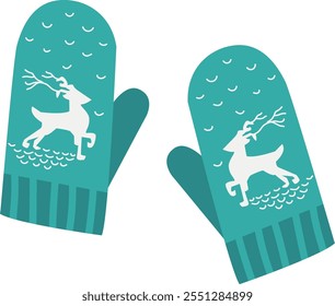 A pair of blue mittens with a deer on them
