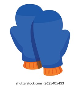 Pair of blue mittens with orange knitted cuffs is laying on a white background
