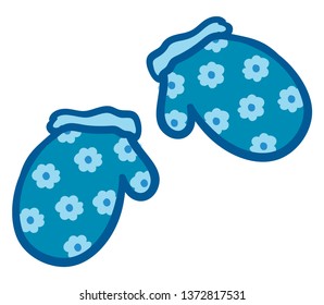 A pair of blue non-fingered gloves with flower imprints on them vector color drawing or illustration 