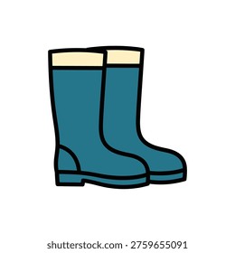 Pair of blue rubber rain boots or wellies in flat design pastel style for spring showers theme.