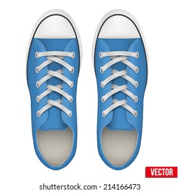 Pair of blue simple sneakers. Example gumshoes. Realistic Editable Vector Illustration isolated on white background.