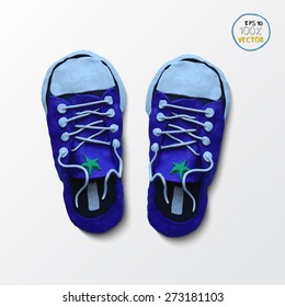 Pair of blue simple sneakers. Example gumshoes. Vector Illustration. Plasticine modeling.