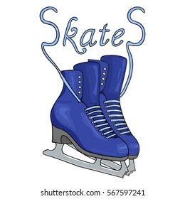 Pair of blue skates on a white background. Blue laces in the form of inscriptions skates. Hand drawing ice skates. Vector illustration.