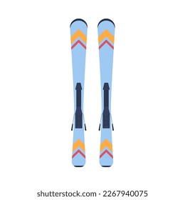 Pair of blue skis top view flat style, vector illustration isolated on white background. Winter sports equipment, activity and leisure, decorative design element