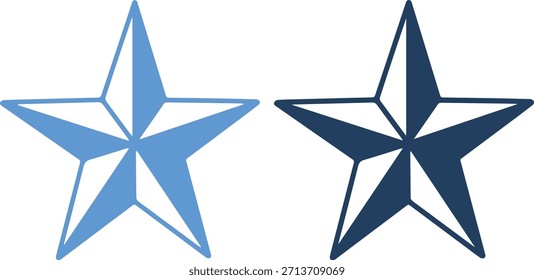 Un par de iconos de estrellas azules con diferentes tonos y estilos de línea sobre un fondo blanco puro, mostrando colores y diseño contrastantes