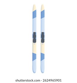 Pair of blue and white mountain skis are standing upright against a white background