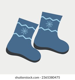 A pair of blue winter boots with ornaments and snowflakes, ugg boots, felt boots, boots. Winter and autumn shoes. Cozy shoes. Vector illustration on white background