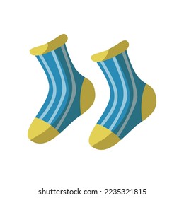 Pair of blue and yellow socks for babies and kids cartoon illustration. Hand drawn socks on white background. Childrens wardrobe, fashion concept