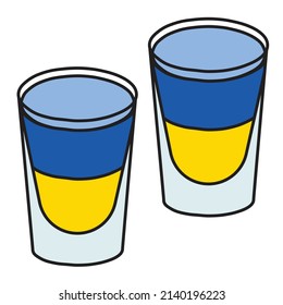 A Pair Of Blue Yellow Ukrainian Flag Colors Shot Shooter Cocktails. Bartender Support Of Peace In Ukraine Special Charity Drink Illustration In Doodle Cartoon Style