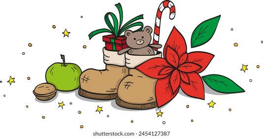 A pair of boots full of Christmas gifts, sweets and fruits. Christmas decorations.