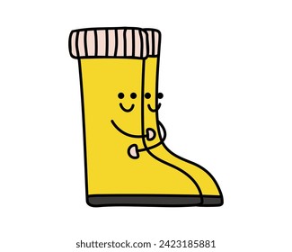 Pair of Boots hugging. Rubber yellow autumn waterproof shoes. Two smiling Characters for children. Friendship. Cooperation, support. Drawing by hand. Flat design. Color. Isolated. Vector illustration