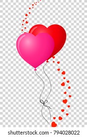 Pair of bounded realistic heart shaped helium red and pink balloons with wavy hearts line decor isolated on transparent background. Vector illustration, clip art. Symbol of love.