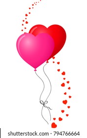 Pair of bounded realistic heart shaped helium red and pink balloons with hearts wave decor element isolated on white background. Vector illustration, clip art. Symbol of love.