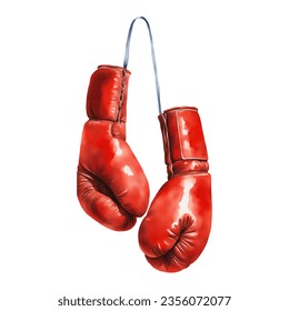 Pair of Boxing Gloves with Lace Isolated Hand Drawn Watercolor Painting Illustration