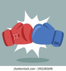 Pair of boxing gloves punch to each other. Red and blue boxing gloves in a boxing match. Simple vector illustration in flat design