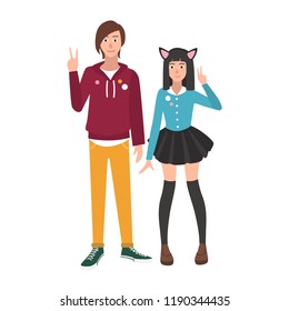 Pair of boy and girl Japanese anime and manga fans or lovers isolated on white background. Boyfriend and girlfriend. Otaku subculture or counterculture. Vector illustration in flat cartoon style.