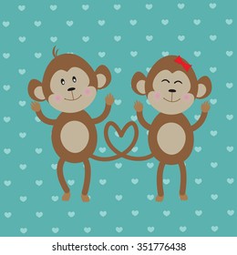 Pair of boy and girl monkeys in love on blue vintage background. Romantic vector illustration. Valentine's day card with monkey