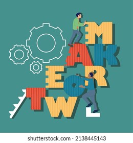 Pair of boys pushing some letters to create the word teamwork Business Vector