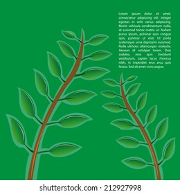 a pair of branches with leaves on a green background with text