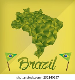 a pair of brazilian flags, text and the map of brazil on a colored background