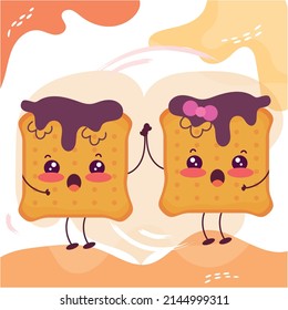 Pair of bread slices with chocolate cartoon cute bakery character Vector