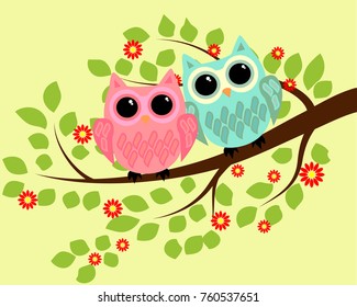 Pair of bright cute cartoon owls sitting on the flowering branches of fantastic trees