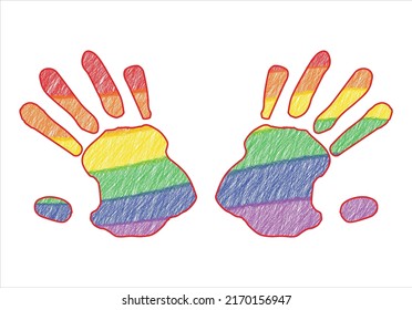 A pair of bright LGBT rainbow hand prints set on a white background