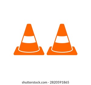 A pair of bright orange traffic cones, each featuring two prominent white reflective stripes, positioned side by side.