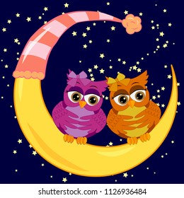 A pair of bright owls sits on a crescent moon in the night starry sky. The inscription In the sky full of stars is your name